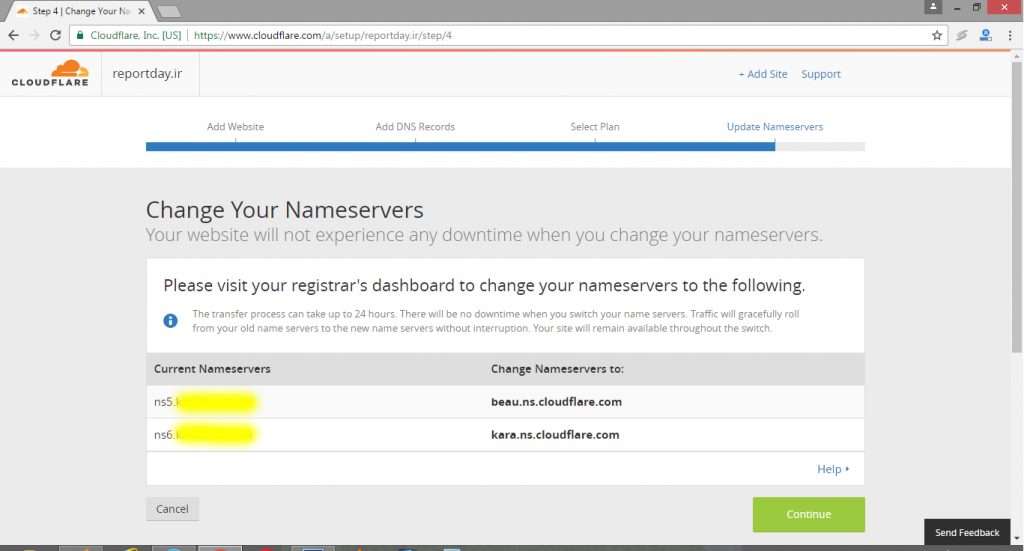 DNSهای اختصاص یافته توسط CloudFlare به وب سایت