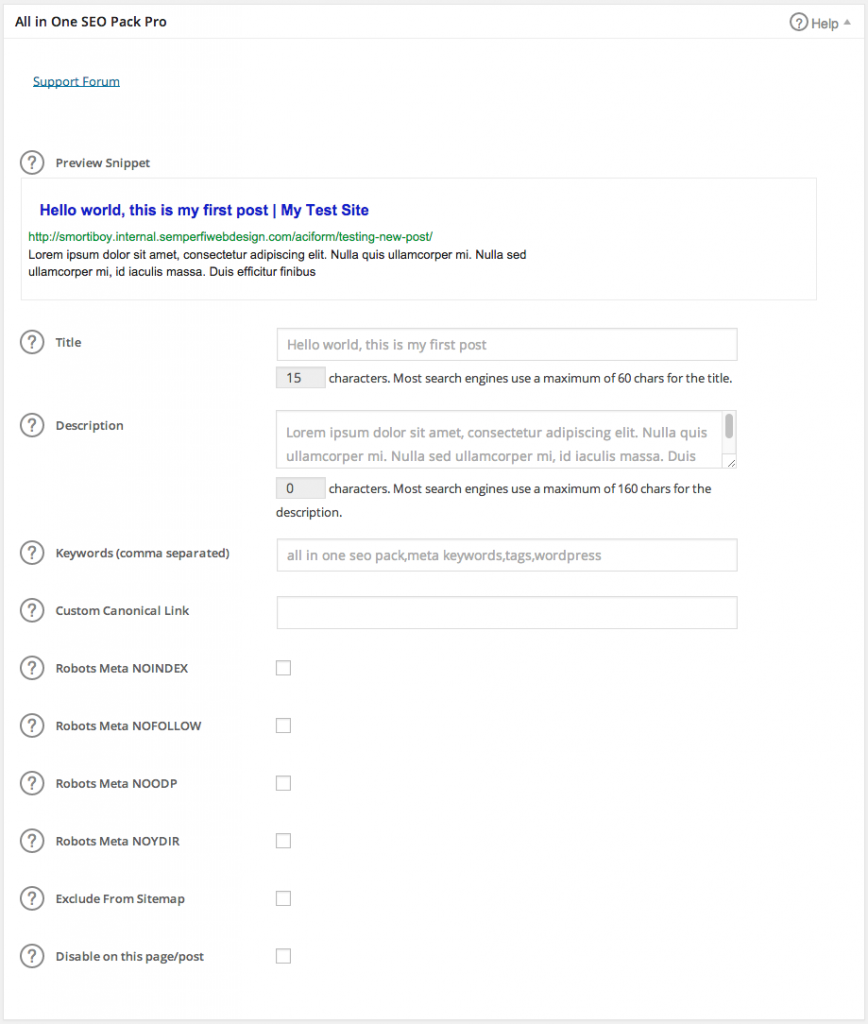 تصویر بخش تنظیمات نوشته در افزونه all in one seo pack